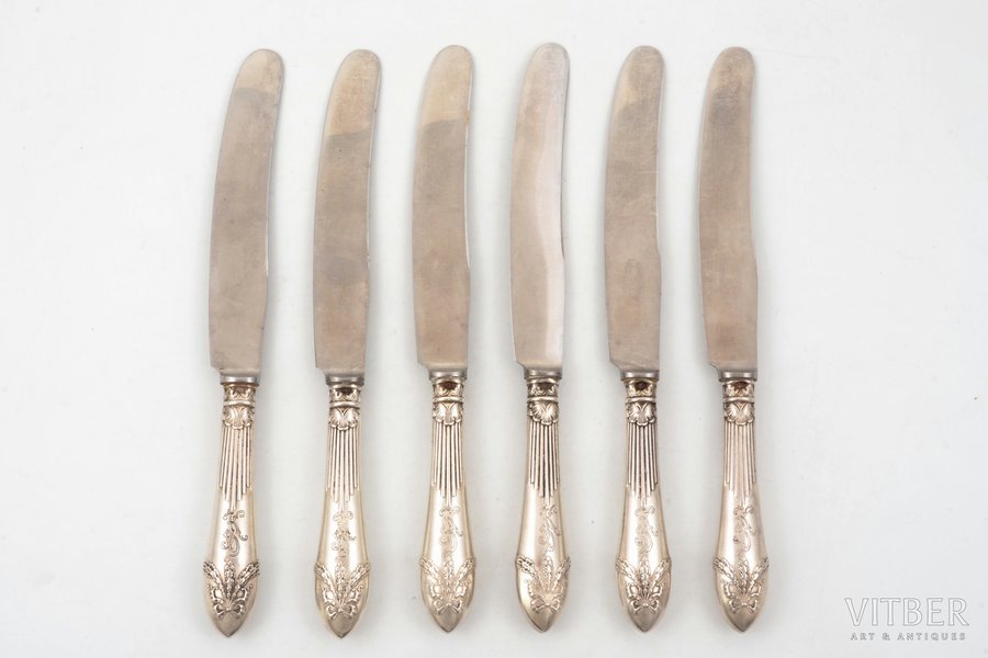 set of 6 dessert knives, silver/metal, hallmark HACKMAN & Co SORSAKOSKI, 84 standard, total weight of items 638.90 g, 22.5 cm, Wladyslav Hempel, 1908-1917, Warsaw, Russia, Poland