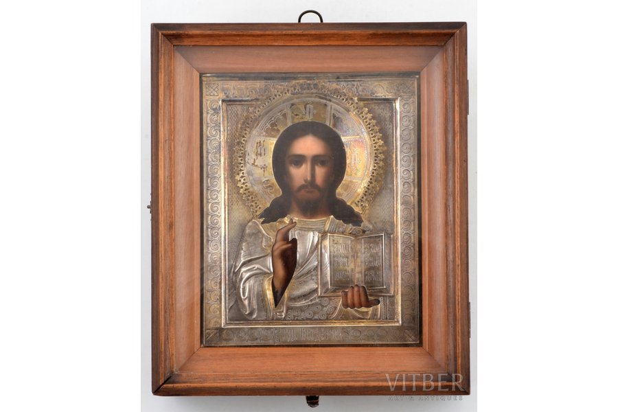 icon, Jesus Christ Pantocrator, in icon case, board, painting, guilding, engraving, silver oklad, 84 standard, Moscow, Russia, 1896-1907, 17.7 x 14.5 x 2.3 cm, icon case 22.9 x 19.5 x 5.8 cm