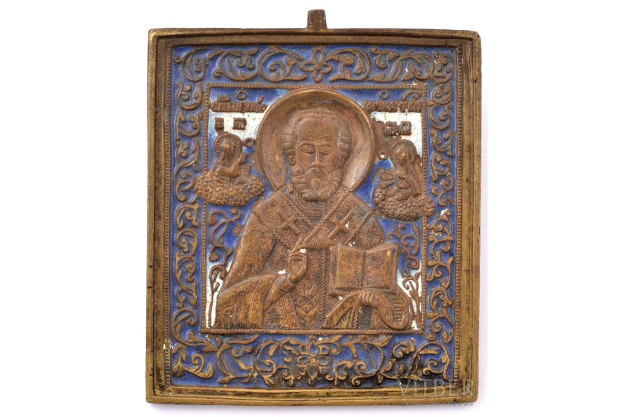 икона, Святитель Николай Чудотворец, медный сплав, 2-цветная эмаль, 19-й век, 11.6 x 9.7 x 0.4 см, 237.15 г.