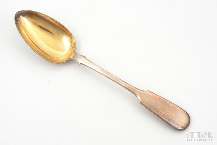 serving spoon, silver, 84 standard, 186 g, gilding, 29.6 cm, Nichols & Plinke, 1867, St. Petersburg, Russia