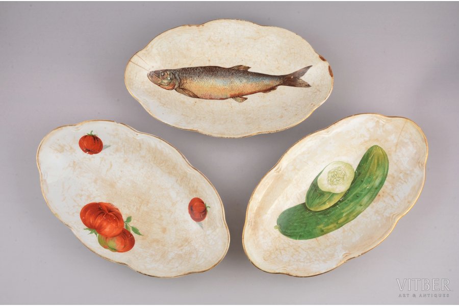 set of 3 decorative plates, faience, J.K. Jessen manufactory, Riga (Latvia), 1933-1935, 24.2 x 14.2 cm, third grade, chips on the surface of edge, traces of everyday use