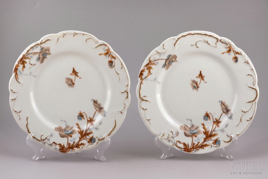 set of 2 plates, porcelain, M.S. Kuznetsov manufactory, Riga (Latvia), Russia, the beginning of the 20th cent., Ø 24.6 cm, insignificant chip on the surface of edge of plate