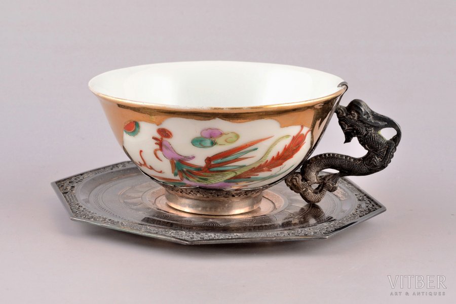 coffee pair, silver 875 (900) standard, porcelain, hand-painted, Vietnam, the 50-60ies of 20th cent., h (cup) 4.4 cm, (saucer) 11.3 x 11.3 cm, silver weight 74.55 g