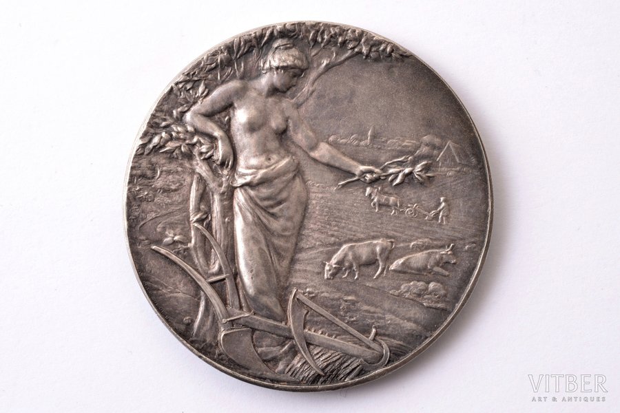 table medal, For diligence, Gulbene agriculture society (diploma for medal - related lot No.71546), silver, Russia, 1914, Ø 48.5 mm, 43.8 g