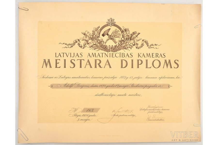 диплом, Латвийская палата ремесленников, диплом мастера живописи № 163, Латвия, 1938 г., 36.5 x 47.5 см
