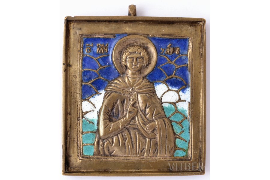 икона, Святой мученик Уар, медный сплав, 3-цветная эмаль, Российская империя, 19-й век, 6 x 5 см, 70.3 г.
