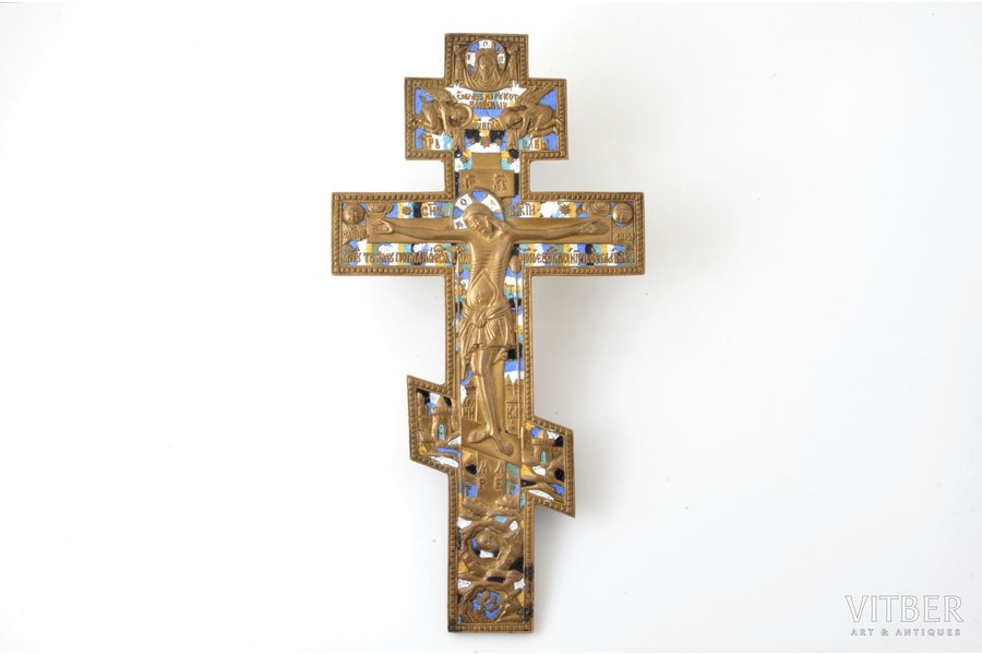 крест, Распятие Христово, медный сплав, 6-цветная эмаль, Российская империя, 19-й век, 36.6 x 19 x 0.7 см, 1167.70 г.