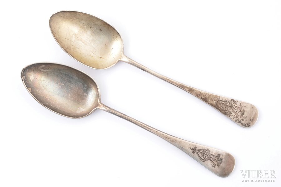 pair of spoons, silver, 84 standard, total weight of items 141.8 g, 20 / 20.1 cm, Joseph Marshak firm, 1908-1917, Kiev, Russia