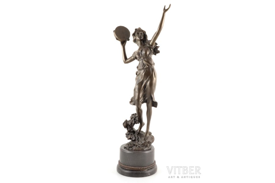 statuete, "Dejotāja ar tamburīnu", autora paraksts С. Desmeure, bronza, marmors, h 52.5 cm, svars 5000 g., Francija, "Fonderie Bords de Seine", 21. gs. sākums