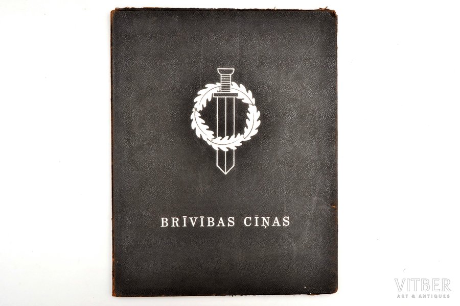 "Brīvības cīņas", ofortu sakopojums (mape), edited by L. Liberts, 1937, Valstspapīru spiestuves izdevums, Riga, leather binding, 47.7 x 37 cm, 19 etchings, 1 sheet missing (L. Liberta - Wreath of Victory No. 20)