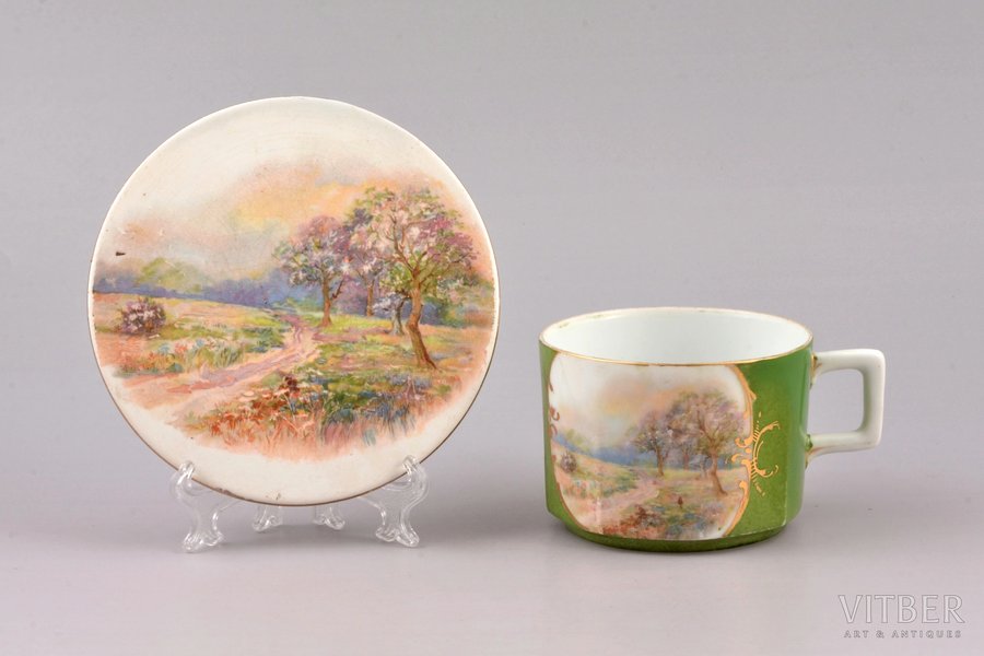 small cup with pallet, "Rural landscape", porcelain, faience, M.S. Kuznetsov manufactory, Riga (Latvia), 1920-1933, h (cup) 5.4 cm, Ø (pallet) 11.2 cm, restoration
