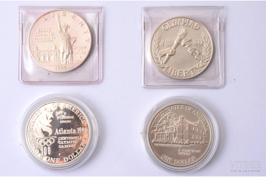 лот из 4 монет: 1 доллар, 1986 / 1988 / 1990 / 1996 г., , серебро, США