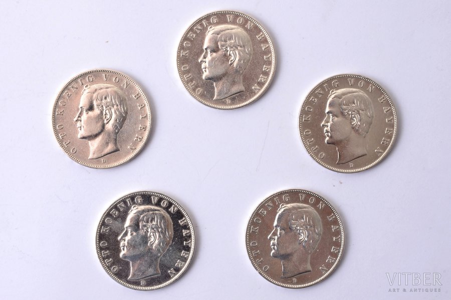 set of 5 coins: 3 marks, 1908 / 1909 / 1910, Otto Wilhelm Luitpold Adalbert Waldemar of Bavaria - King of Bavaria, silver, Germany