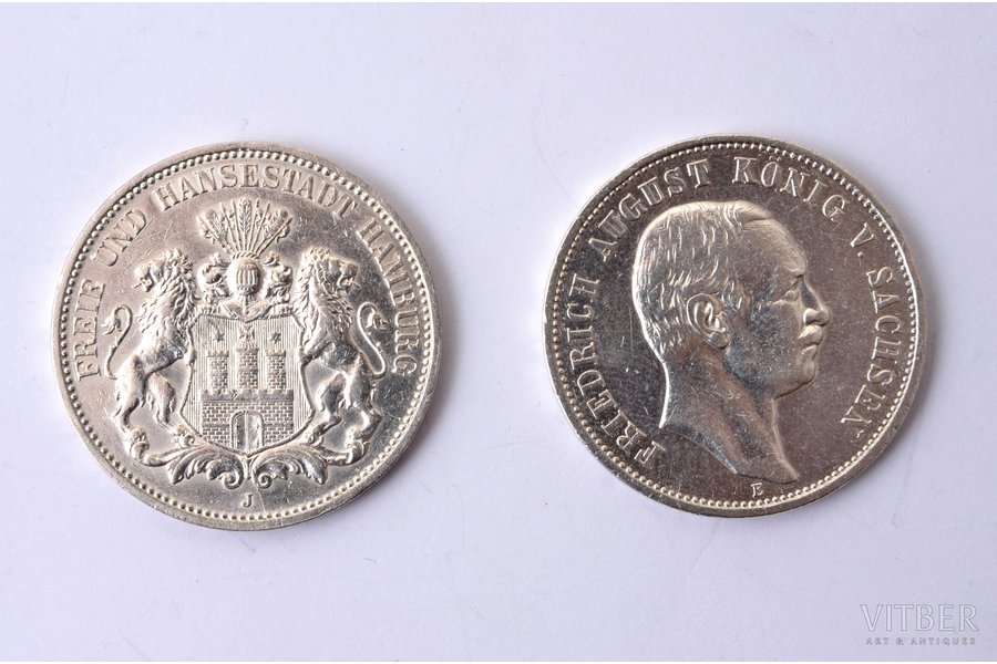 set of 2 coins: 3 marks, 1909, Free and Hanseatic City of Hamburg and Friedrich August II - King of Saxony, silver, Germany
