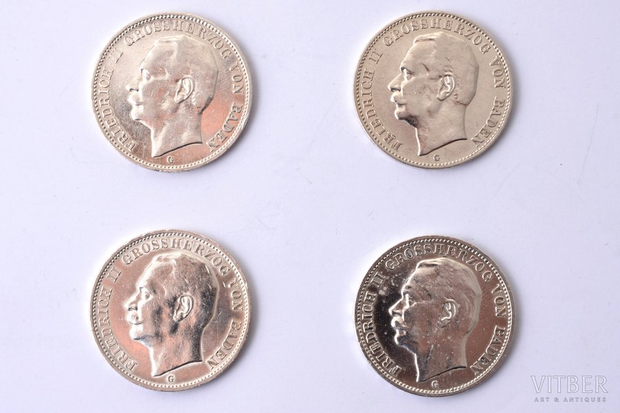 set of 4 coins: 3 marks, 1911 / 1912 / 1914, Friedrich II of Baden - Grand Duke of Baden, silver, Germany