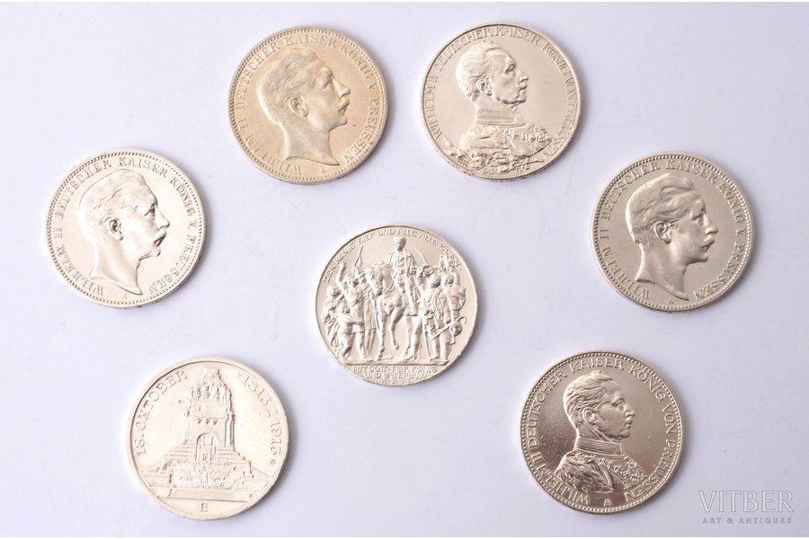 set of 7 coins: 3 marks, 1908 / 1910 / 1913 / 1914, Wilhelm II (Friedrich Wilhelm Victor Albert) King of Prussia, silver, Germany