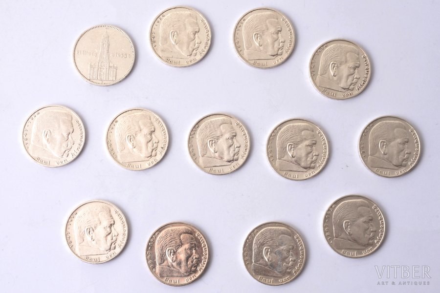 set of 13 coins: 5 marks, 1934-1938, silver, Germany