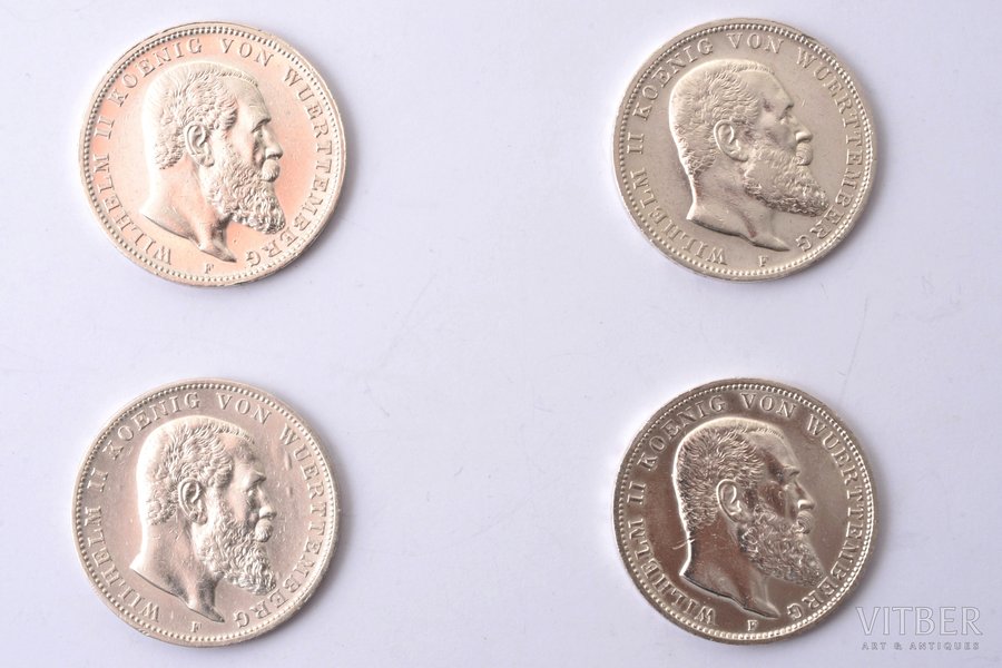 set of 4 coins: 3 marks, 1910 / 1911 / 1912 / 1914, Wilhelm II of Württemberg (Wilhelm Karl Paul Heinrich Friedrich) - King of Württemberg, silver, Germany