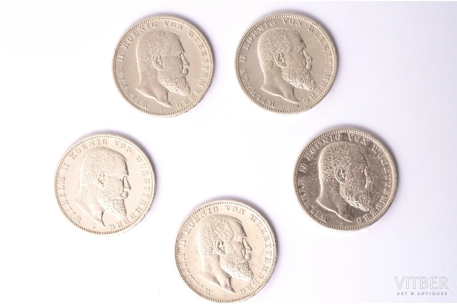 lote no 5 monētām: 5 markas, 1895 / 1902 / 1903 / 1904 / 1908 g., Vilhelms II no Virtembergas (Vilhelms Kārlis Pols Heinrihs Frīdrihs) - Virtembergas karalis, sudrabs, Vācija