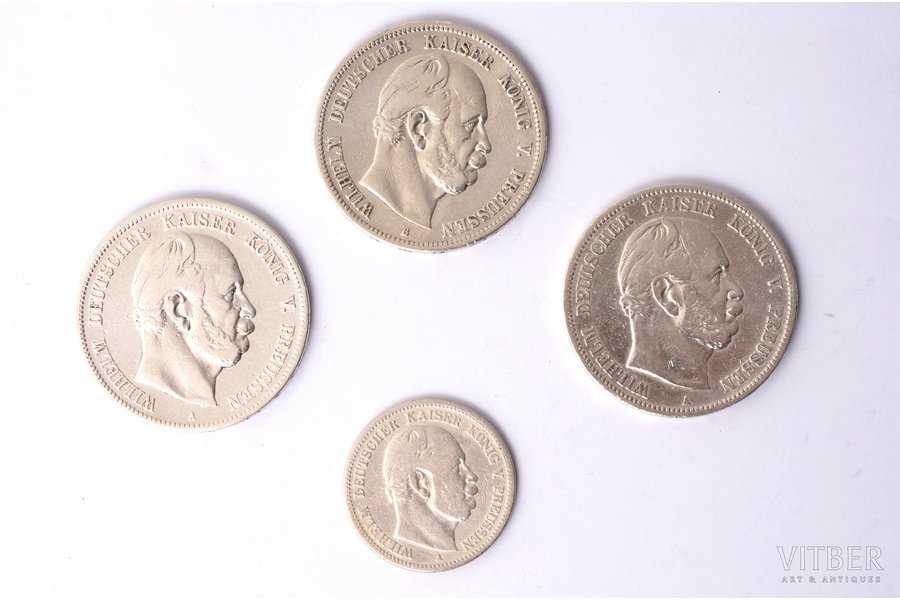 лот из 4 монет: 2 и 5 марок, 1874 / 1875 / 1876 г., A, B, Вильгельм I Фридрих Людвиг король Прусский, серебро, Германия