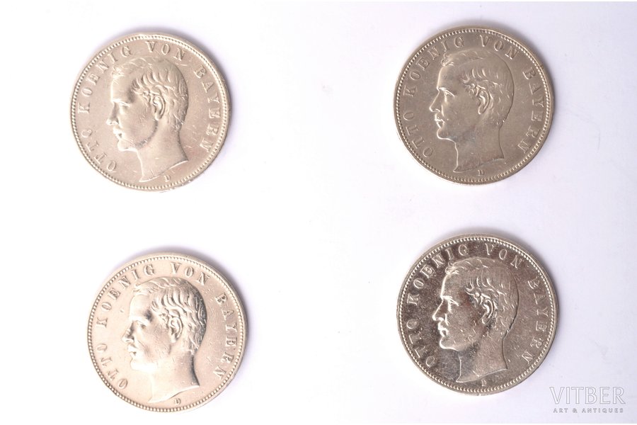 lote no 4 monētām: 5 markas, 1902 / 1903 / 1904 / 1908 g., Otto Vilhelms Luitpolds Adalberts Valdemārs no Bavārijas - Bavārijas karalis, sudrabs, Vācija