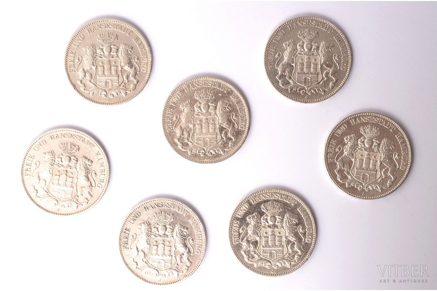 set of 7 coins: 5 marks, 1876 / 1898 / 1899 / 1901 / 1903 / 1904 / 1913, Free and Hanseatic City of Hamburg , silver, Germany