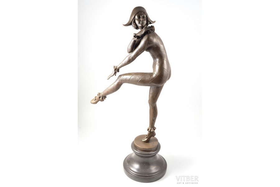 figurine, "Harlequin Dancer", signed by Pierre A. Gilbert, bronze, marble, h 71 cm, weight 12300 g., France, beginning of 21st cent.