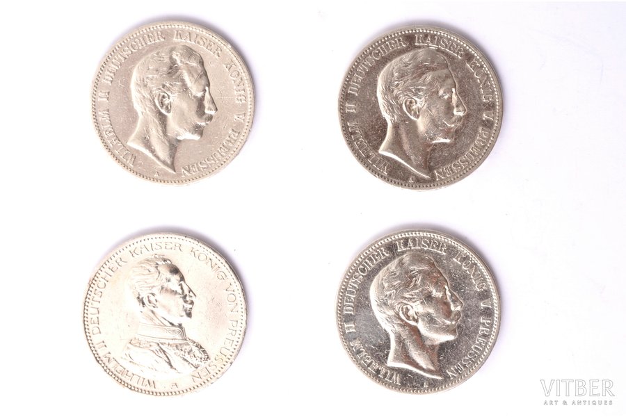 set of 4 coins: 5 marks, 1904 / 1907 / 1908 / 1913, Wilhelm II (Friedrich Wilhelm Victor Albert) King of Prussia, silver, Germany