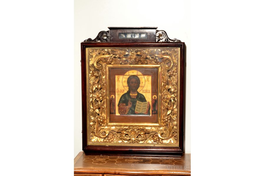 ikona, Jēzus Kristus Pantokrators, rāmī, dēlis, gleznojums, zeltījums, Krievijas impērija, rāmis 81 x 63 x 15.5 cm
