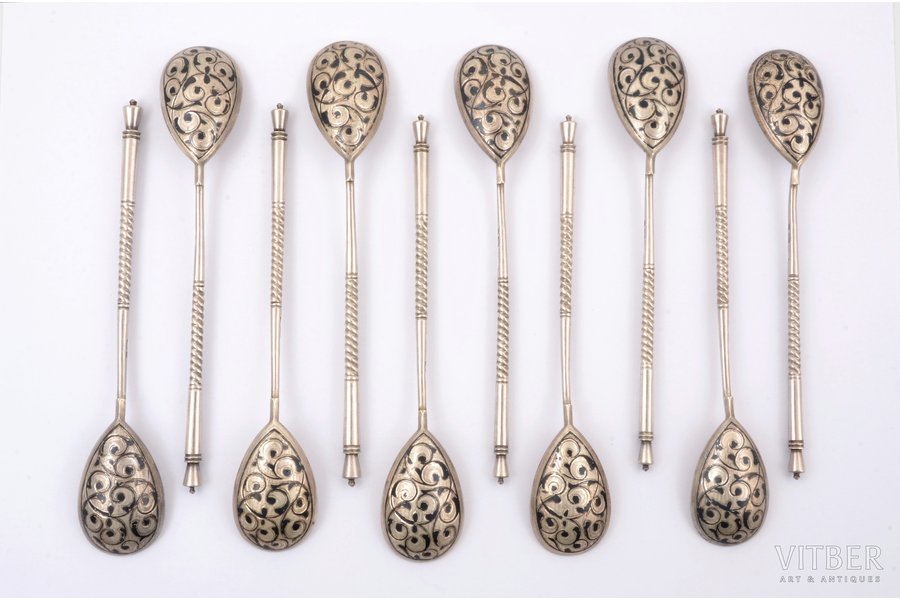 set of 10 teaspoons, silver, 84 standard, total weight of items 230.35  g, niello enamel, engraving, 14.5 cm, 1896-1907, Moscow(?), Russia