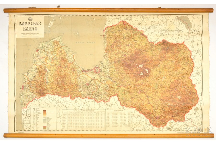 Latvijas karte, pielikums Latviešu konversācijas vārdnīcai, izdevējs: Valstspapīru spiestuve, Latvija, 1935 g., 61 x 101.5 cm, uz tekstila pamatnes