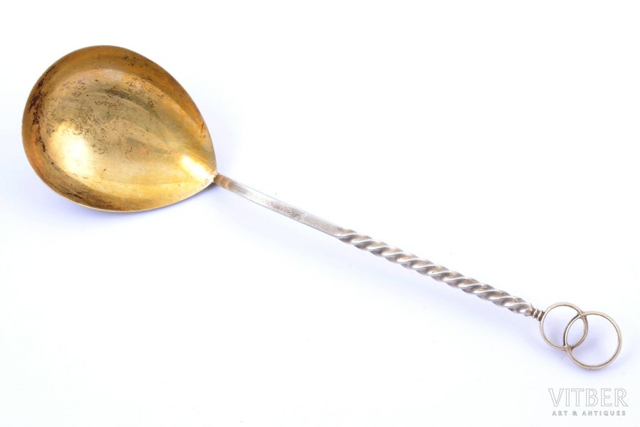 spoon for salad, for wedding, silver, 916 standard, 51.15 g, gilding, 19.7 cm, the 60-80ies of 20th cent., Sverdlovsk, USSR