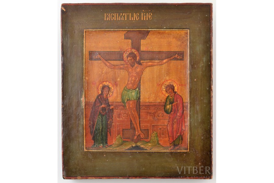 икона, Распятие Христово, доска, живопиcь, золочение, Российская империя, конец 19-го века, 15.4 x 13.3 x 2.2 см