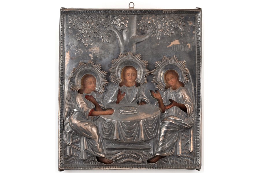 icon, The Trinity, board, painting, silver oklad, oklad weight 181.40 g, 84 standard, Kostroma, Russia, 1792, 18.1 x 15.7 x 0.9 cm