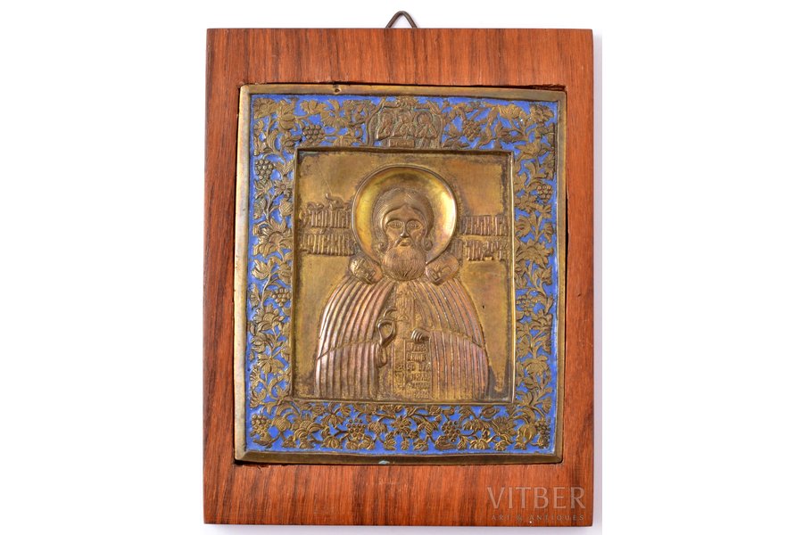 icon, Saint Sergius of Radonezh, copper alloy, 1-color enamel, Russia, the 19th cent., 11 x 9.5 cm, 273.60 g.