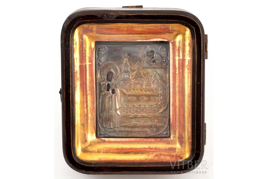 icon, Saint Nilus of Stolobensk, in icon case, board, painting, silvering, brass, Russia, 11.1 x 9 x 1 cm, icon case 18.2 x 15.8 x 6 cm