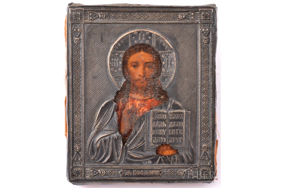 ikona, Jēzus Kristus Pantokrators (Visavaldītājs), dēlis, gleznojums, sudraba uzlika, 84 prove, Maskava, Krievijas impērija, 1896-1907 g., 13.2 x 11.1 x 1.8 cm