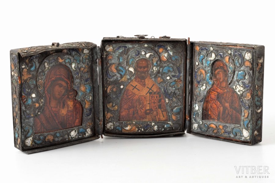 icon with foldable side flaps, Saint Nicholas Wonderworker and  icons of Mother of God, painting, cloisonne enamel, metal, Russia, the 19th cent., 6.7 x 17.1 cm