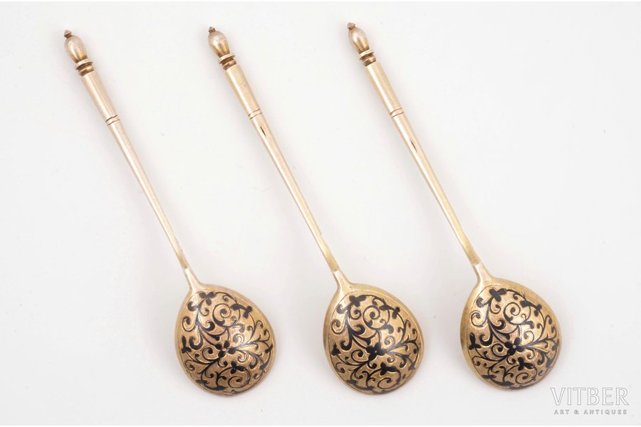 set of 3 teaspoons, silver, 84 standard, total weight of items 63.8 g, engraving, niello enamel, gilding, 12.8 cm, by Ivanov Feodor, 1864, Moscow, Russia