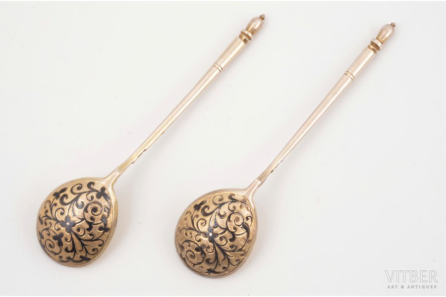 pair of teaspoons, silver, 84 standard, total weight of items 38.5 g, engraving, niello enamel, gilding, 12.8 cm, by Ivanov Feodor, 1864, Moscow, Russia
