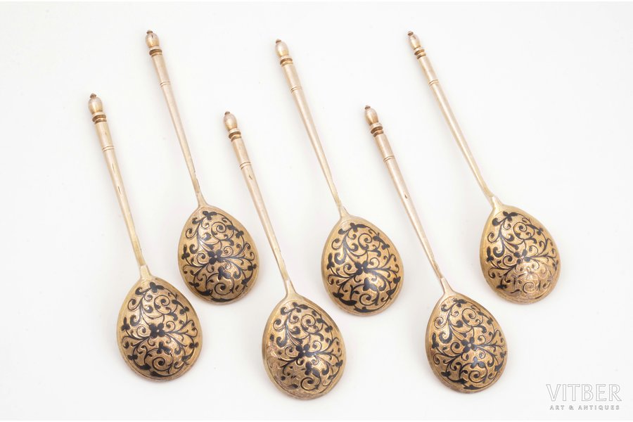 set of 6 teaspoons, silver, 84 standard, total weight of items 121.4 g, engraving, niello enamel, gilding, 12.8 cm, by Ivanov Feodor, 1864, Moscow, Russia