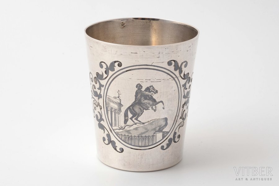 goblet, silver, 950 standard, 85.5 g, engraving, niello enamel, h 7.6 cm, Henri Gabert, 1882-1901, Paris, France, little dent