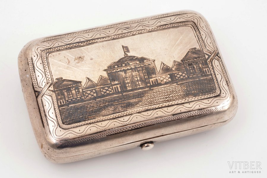 snuff-box, silver, 84 standard, 91.65 g, engraving, niello enamel, 8.6 x 5.6 x 2.6 cm, Ivan Gubkin factory, 1886, Moscow, Russia