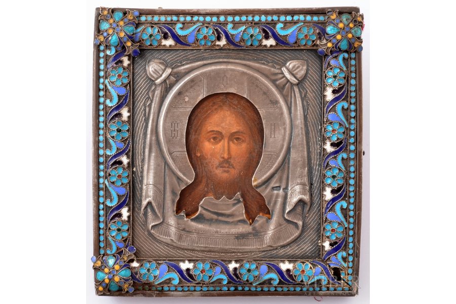 icon, Savior-Not-Made-by-Hands, silver, painting, cloisonne enamel, oklad weight 166,85 g, 84 standard, Moscow, Russia, 11.9 x 11.1 x 1.6 cm, oklad manufactured in 1836 with improvements made in turn of the 19th and 20th cent.; missing decorative element on the bottom corner of oklad