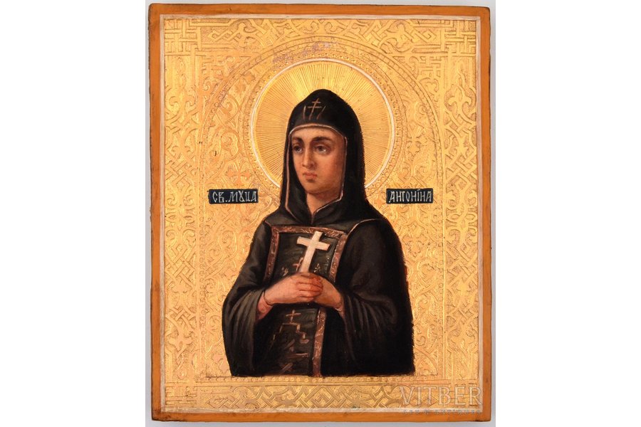 icon, Holy Great Martyr Antonina, board, painting, gold leafy, Russia, the border of the 19th and the 20th centuries, 17.3 x 14.2 x 2 cm