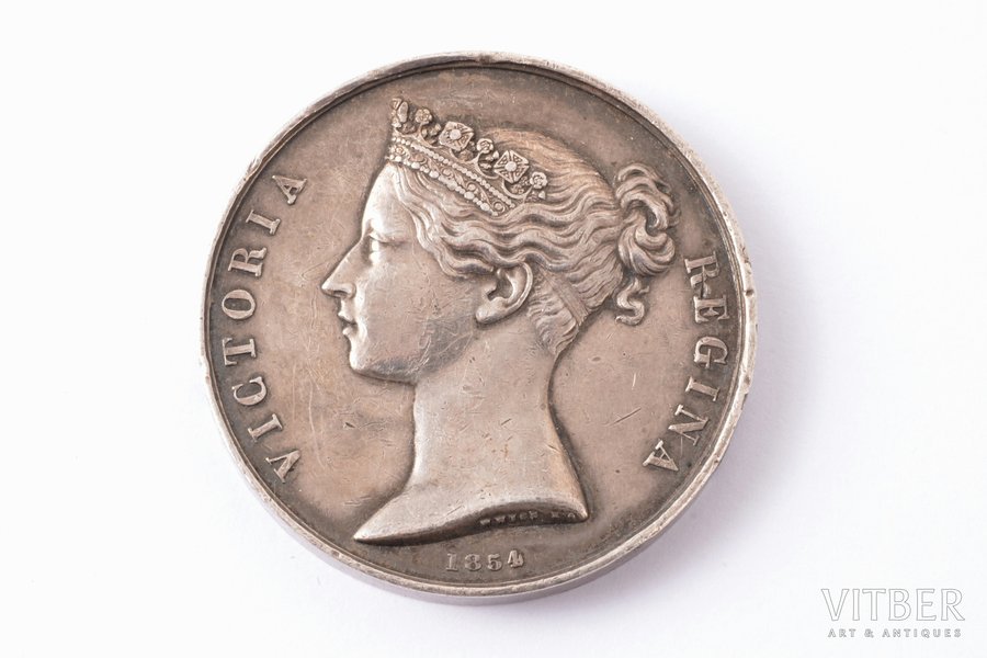 медаль, Крымская кампания, серебро, Великобритания, 1854 г., Ø 36 мм, 30.685 г, ушко утрачено