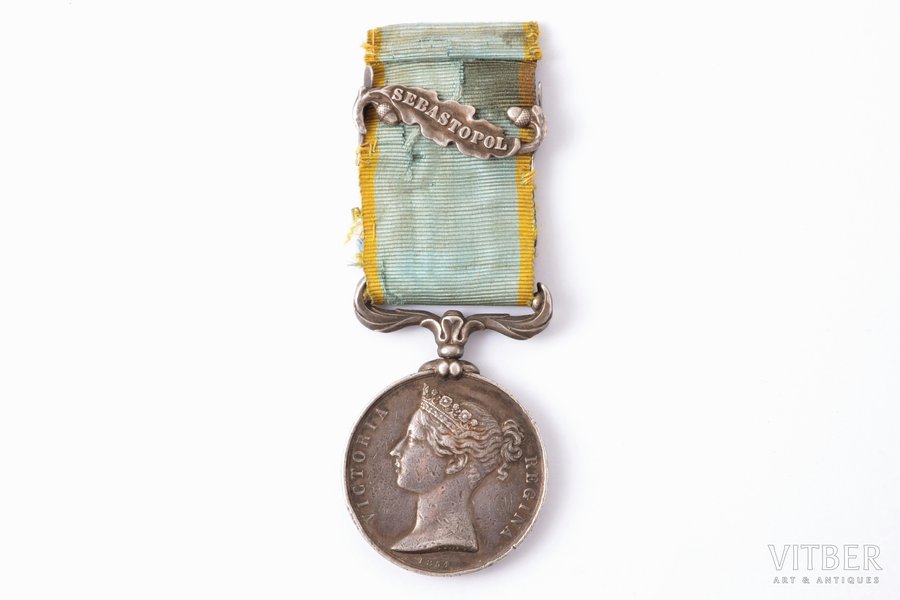 медаль, Крымская кампания, с планкой за Севастополь, серебро, Великобритания, 1854 г., 51 х Ø 36.2 мм