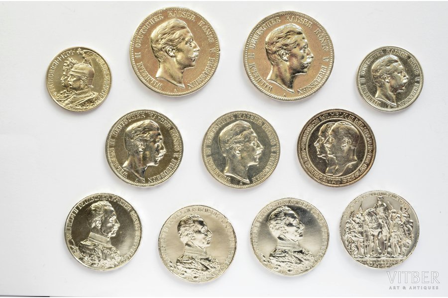 лот из 11 монет: 2 , 3 и 5 марок, 1901-1913 г., Вильгельм II (Фридрих Вильгельм Виктор Альберт) король Пруссии, серебро, Германия