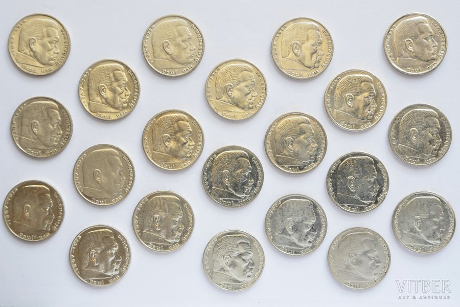 set of 21 coins: 2 marks, 1937-1939 , silver, Germany