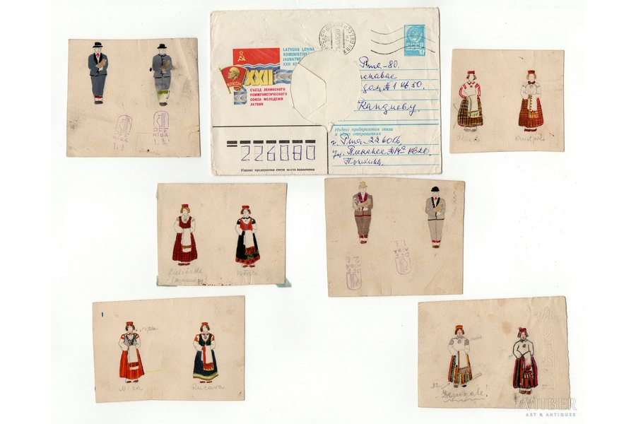 set of sketches - folk-style porcelain brooches of M.S. Kuznetsov manufactory (12 sketches on 6 sheets), with a letter addressed to V. Kandiyev, 30ties of 20th cent.